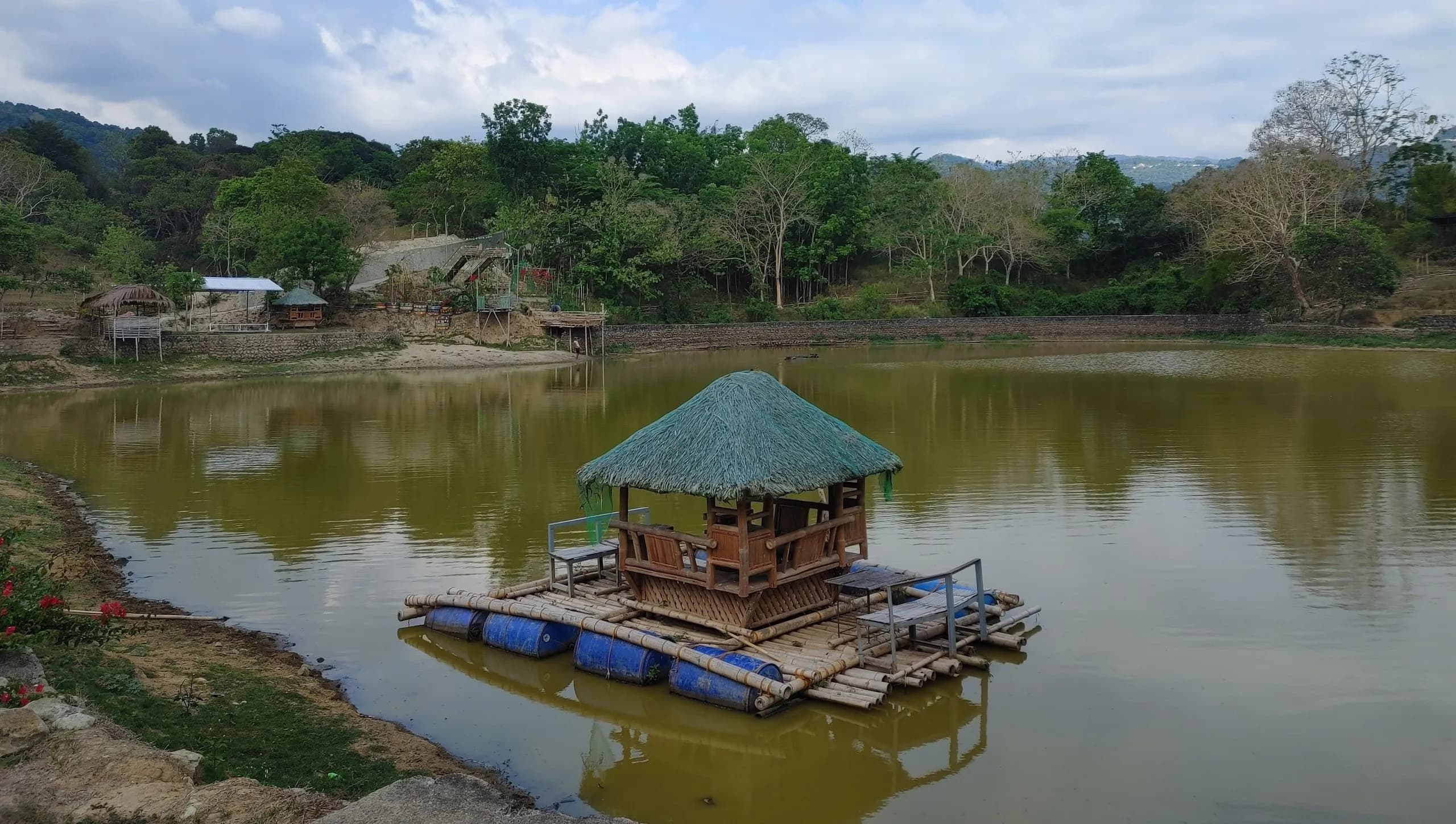 A bamboo raft shelter floating on Libtong Lake in Burgos