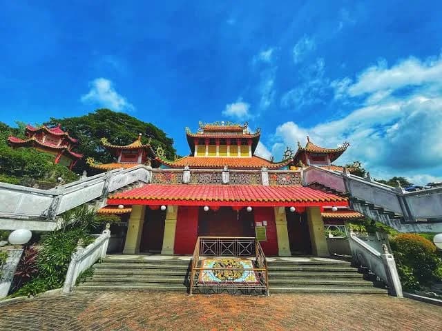 The colorful facade and entrance steps of Ma-Cho Temple in San Fernando